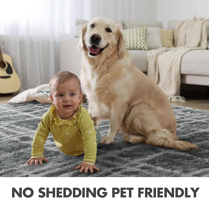 8x10 Ft Extra Large Shag Rugs for Living Room, Tie Dyed Ultra Soft Fluffy Furry Area Rugs for Bedroom Indoor Floor, Aesthetic Carpet for Kids Home Decor (Grey)