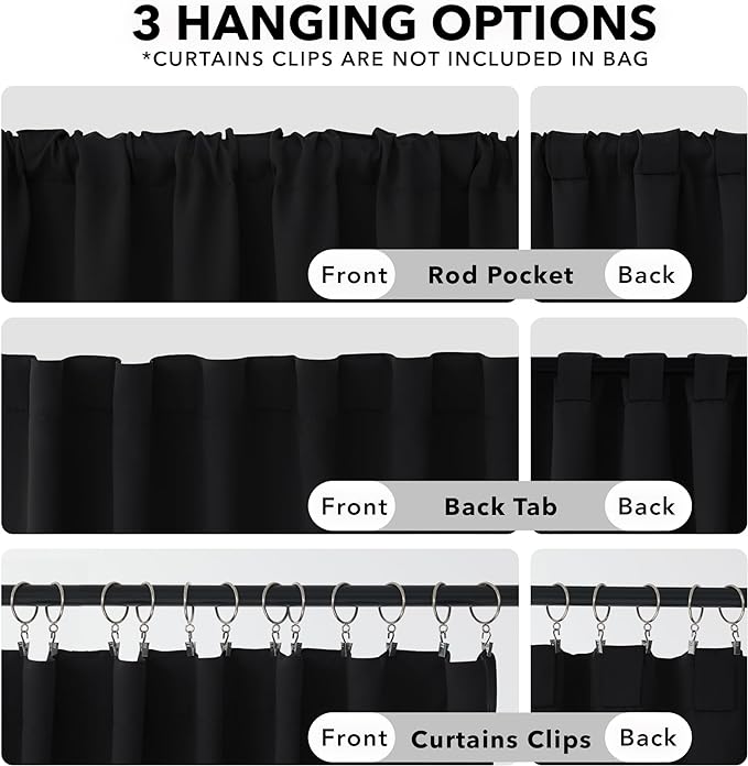 Deconovo Back Tab and Rod Pocket Blackout Curtains - (Black Color, 52x63 Inch, 2 Panles), Thermal Insulated Blackout Curtains for Bedroom