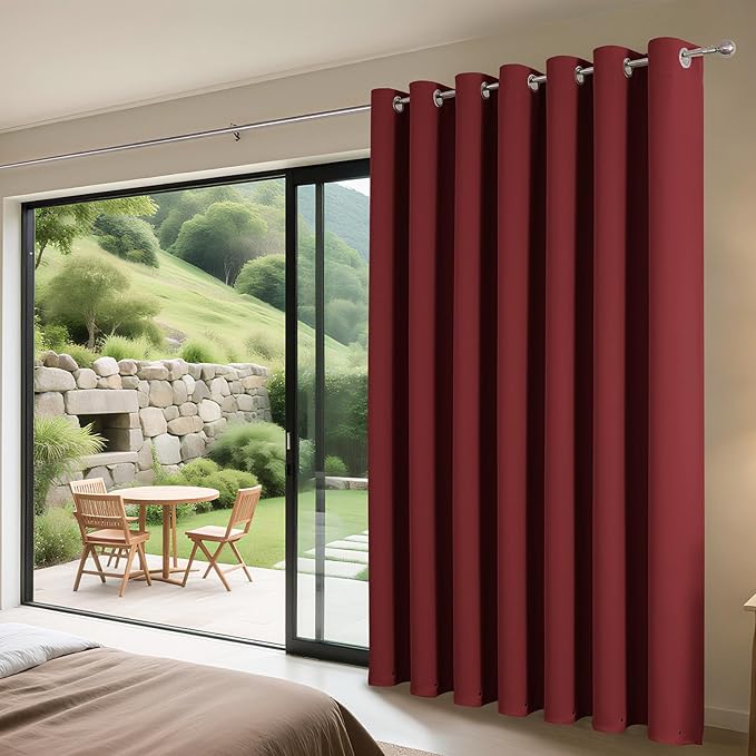 Joydeco Blackout Patio Sliding Door Curtains 96 Inches Long, Grommet Privacy Room Divider Curtains, Extra Wide Thermal Blackout Drapes for Bedroom Living Room (Burgundy Red, 80Wx96L, 1 Panel)
