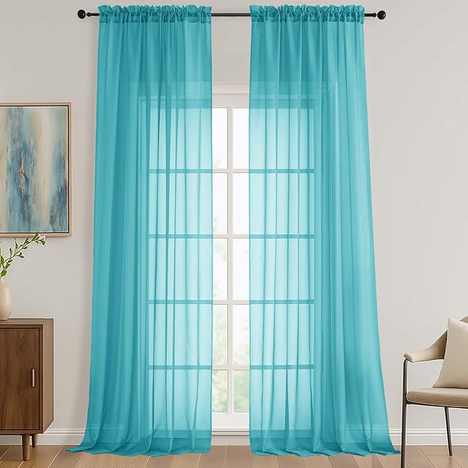 OVZME Sheer Turquoise Curtains 108 Inches Long 2 Panels Set, 59 Inch Extra Wide Lightweight Airy Turquoise Sheer Curtain for Living Room Bedroom, Filmy Voile Rod Pocket, 59Wx108L Inches