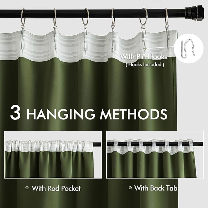 MIULEE Olive Green Back Tab Blackout Curtains 108 Inch Long 2 Panels Set for Bedroom, Rod Pocket/Pinch Pleat Extra Long Thermal Insulated Living Room Darkening Pleated Light Blocking Drapes