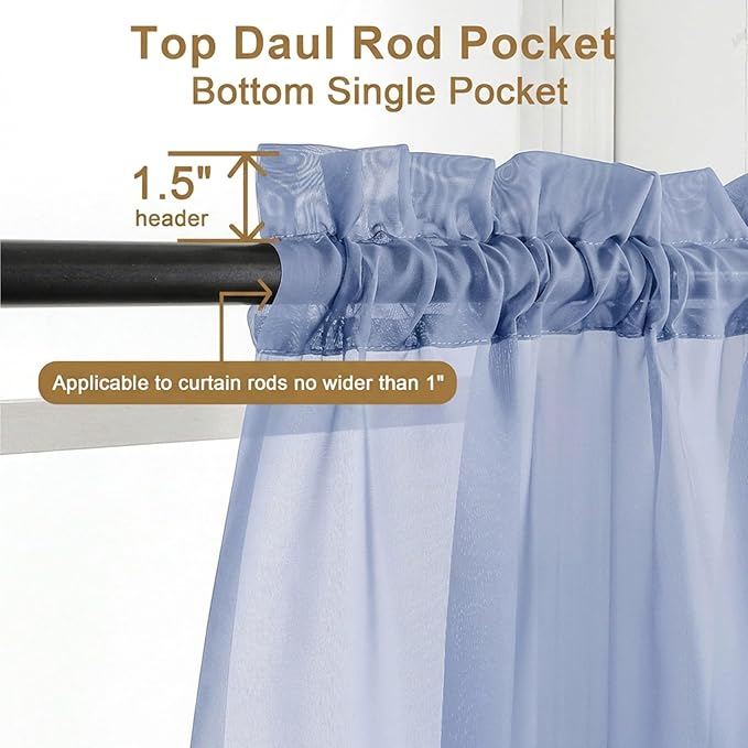 Chyhomenyc Sheer Curtains 96 inches Long 2 Panels - Light Filtering Soft Airy Solid Elegant Voile Window Treatment Drapes for Bedroom Living Room, 42Wx96L, 8FT, Denim Blue