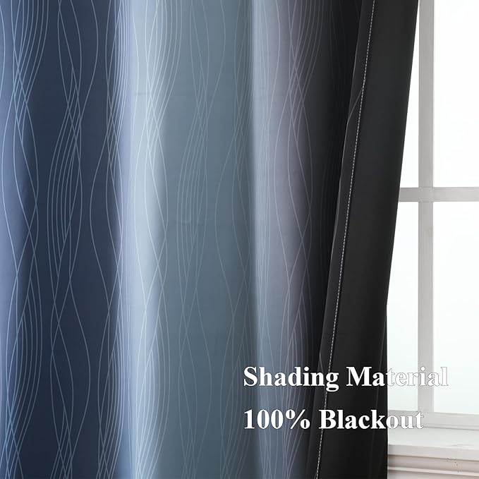 Estelar Textiler Black and Navy Blue Ombre Blackout Curtains 45 Inch Length, Full Room Darkening Gradient Drapes for Kitchen, Thermal Insulated Grommet Short Curtains for Bathroom, 52Wx45L, 2 Panels