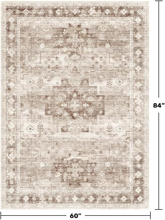 Hazo Haus Washable Neutral Farmhouse Bedroom Rug, 5x7 Area Rugs for Living Room, Nursery Room, Boho Vintage Floral Non-Slip Rug Low Pile Stain Resistant (5x7 Beige/Latte)