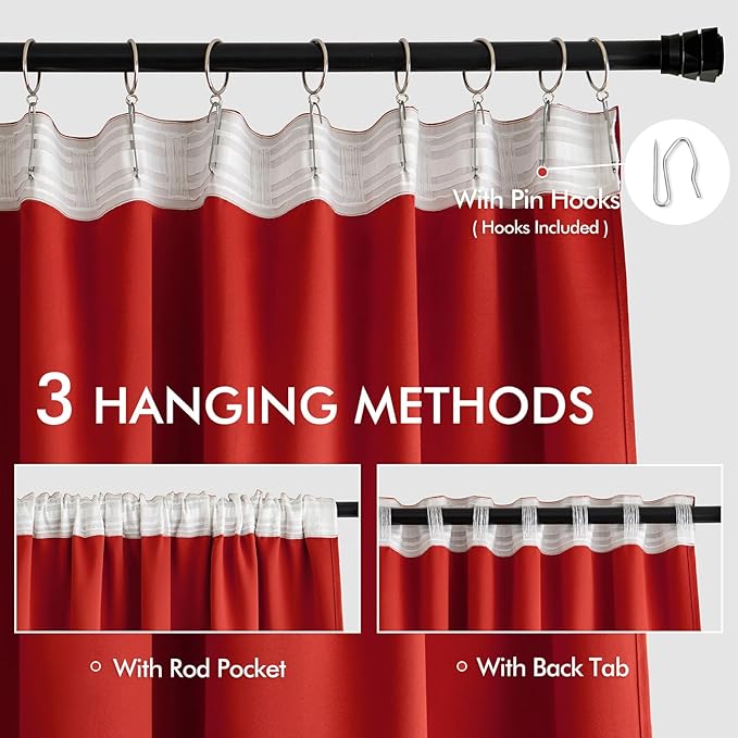 MIULEE Christmas Red Back Tab Blackout Curtains 90 Inches Long 2 Panels Set for Living Room Bedroom Privacy, Rod Pocket/Pinch Pleat Thermal Insulated Room Darkening Pleated Light Blocking Drapes