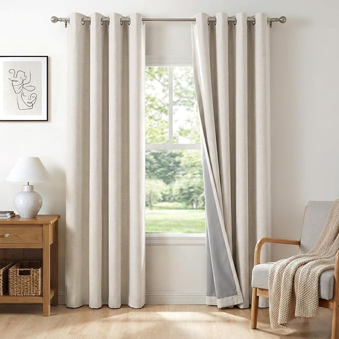 100% Blackout Linen Curtains 50" W x 84" L 2 Panels Set,Thermal Insulated Full Light Blackout Curtains for Bedroom/Living Room,Beige