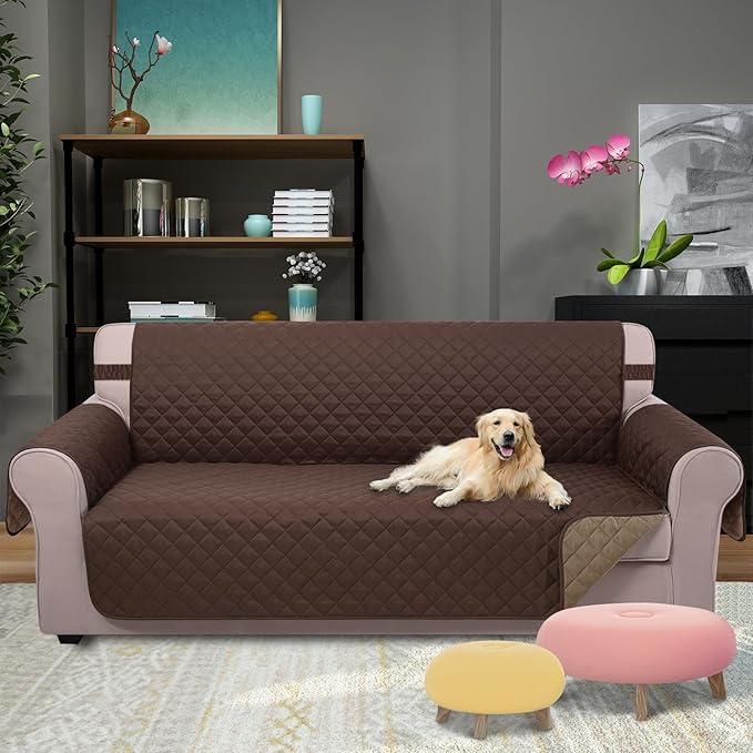 U-NICE HOME 4 Seater Sofa Cover 91 Inch Large Couch Covers for 4 Cushion Couch with Elastic Straps Water Resistant Furniture Protector Cover for Pets Cat (Sofa XX-Large, Chocolate/Taupe)