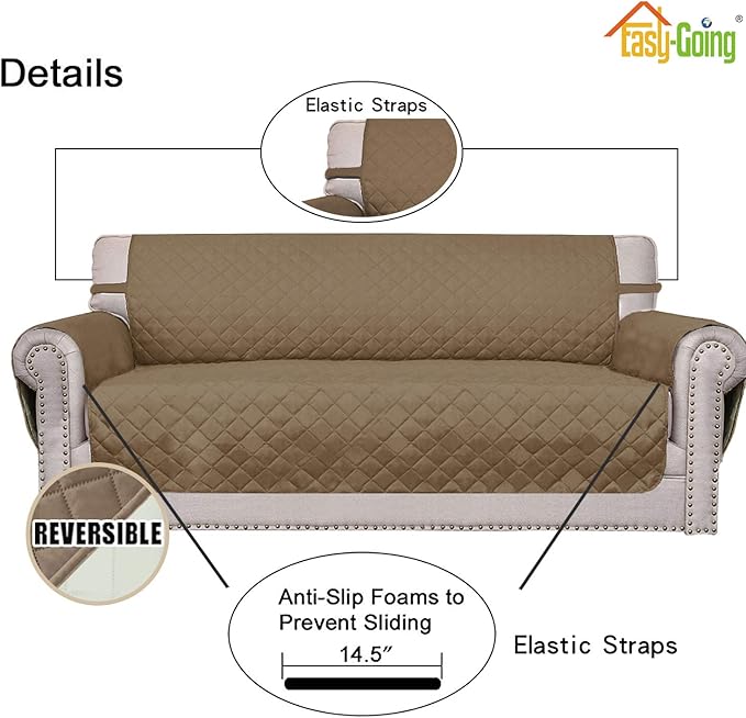 Easy-Going Reversible Loveseat Couch Cover for 2 Cushion Couch Sofa Cover for Dogs Water Resistant Furniture Protector with Foam Sticks Elastic Straps for Pet (Loveseat, Camel/Ivory)