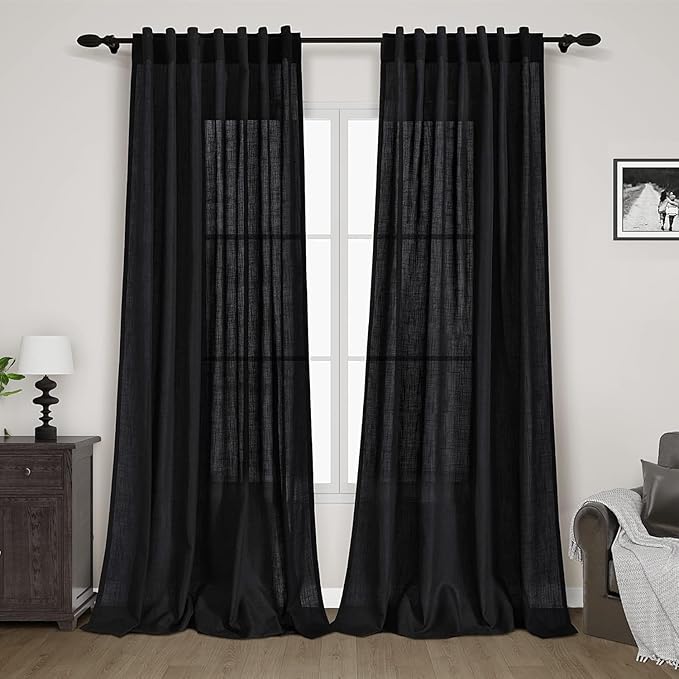 Black Sheer Linen Curtains 90 inch Length for Bedroom Back Tab Rod Pocket Modern Farmhouse Muslin Look Cotton Textured Black Window Curtains 90 inches Long for Dining Room Living Office 2 Panels