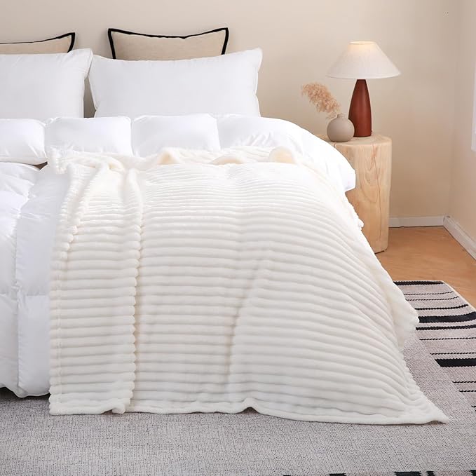 Cream White Fleece Throw Blanket 60”×80” for Couch Sofa Bed,Super Soft Cozy Plush Microfiber Flannel Blanket with Stripes Design Lightweight for Adults,Woman,Girls