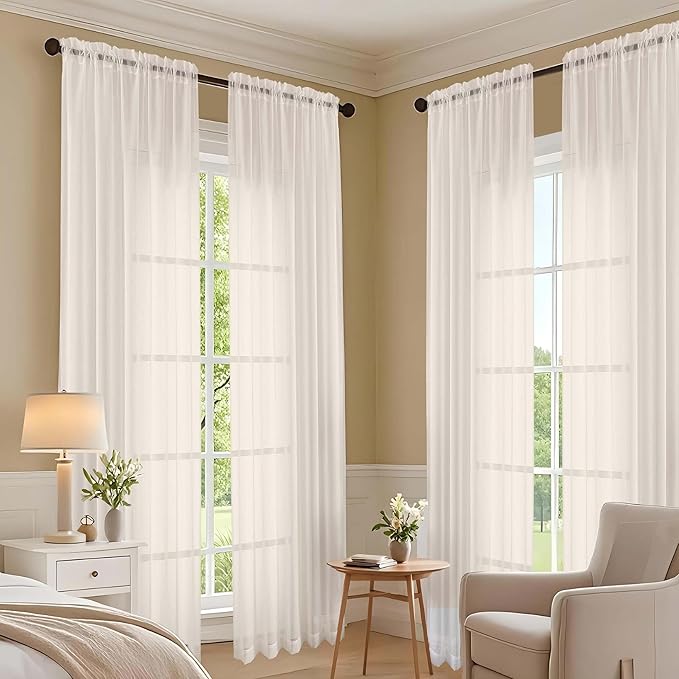 OVZME Cream Bedroom Curtains 2 Panel Sets 96 Inch Length, 59 Inch Extra Wide Light Filtering Voile Drapes Light Airy Window Drapes for Patio Door Living Room Bedroom Dining, 59Wx96L Inches
