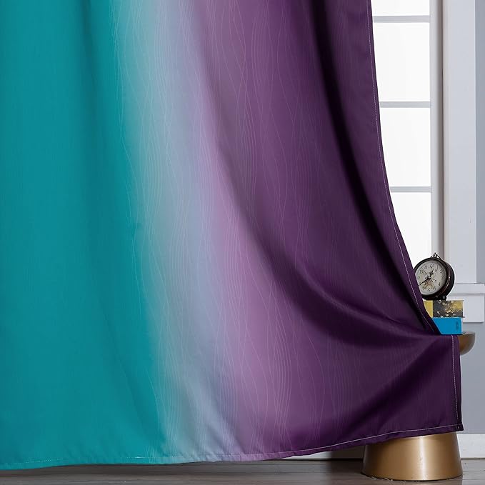Estelar Textiler Ombre Teal and Purple Blackout Curtains 45 Inch Length 2 panels, Grommet Thermal Insulated Gradient Drapes for Kids Room, Full Light Blocking Blackout Curtains for Bedroom, 42x45 Inch