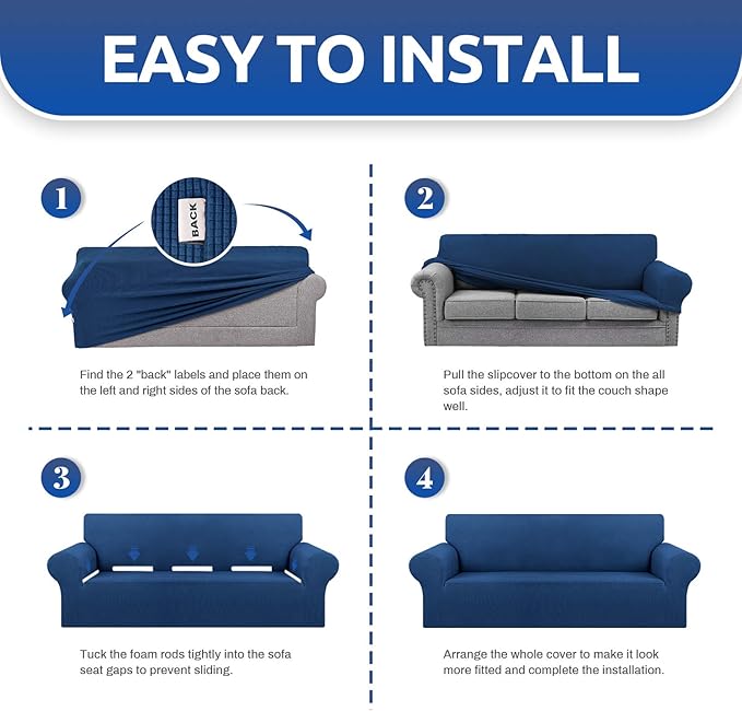 KEKUOU Stretch Oversized Sofa Slipcover 1 Piece Couch Sofa Cover (94"-110") Furniture Protector 4 Seater Sofa with Elastic Bottom for Kids,Pet.Jacquard Checked Pattern Fabric(X Large,Classic Blue)