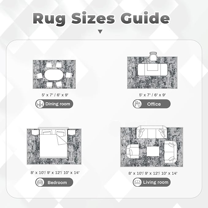Area Rugs 10x14 Living Room: Washable Rug Modern Abstract Neutral Soft Non-Slip Low-Pile Indoor Large Carpet for Bedroom Dining Room Playroom Home Office (Black Grey, 10'x14')