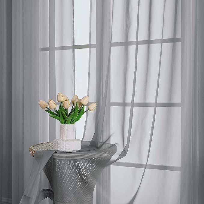 OWENIE Grey Sheer Curtain 90 Inches Long 2 Panels Set, Solid Filmy Drapes for Living Room Bedroom, Elegant Window Voile Sheer Curtain Panels Drapes, 2 Pcs, Each 59" Wx90 L Inch