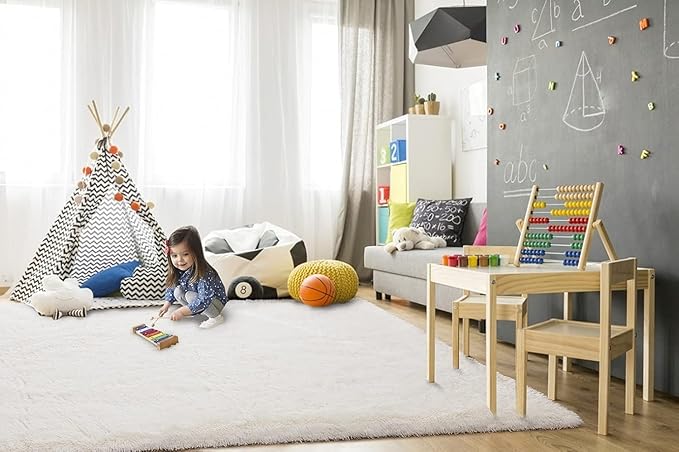 TWINNIS Super Soft Shaggy Rugs Fluffy Carpets 7x10 Feet, Indoor Modern Plush Area Rugs for Living Room Bedroom Kids Room Nursery Home Decor, Upgrade Anti-Skid Fuzzy Rug, Cream White