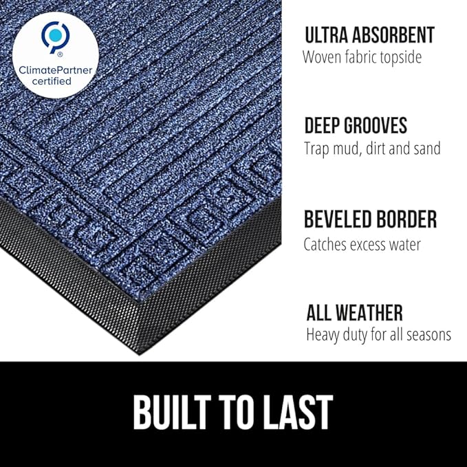 GORILLA GRIP 100% Waterproof All-Season WeatherMAX Doormat, 72x24, US Designed Natural Rubber, Stain and Fade Resistant, Low Profile Indoor Outdoor Door Mats, Easy Clean Patio Mat, Navy Greek Keys
