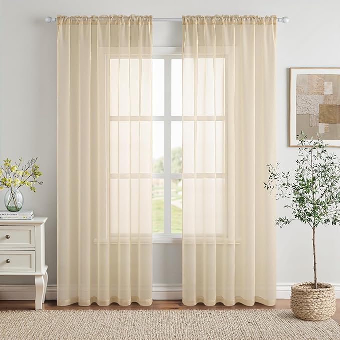 MIULEE 2 Panels Solid Color Sheer Window Curtains Elegant Window Voile Panels/Drapes/Treatment for Bedroom Living Room (54X108 Inches Cream)
