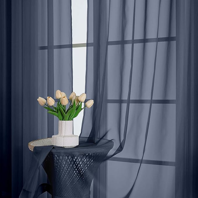 OWENIE Sheer Curtains 84 Inches Long 2 Panels Set, Sheer Navy Blue Curtains for Living Room Bedroom 59 Inch Extra Wide, Modern Voile Filmy Rod Pocket Drapes, 2 Pcs, Each 59 W x 84L, Navy Blue