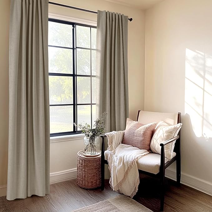 100% Blackout Shield Linen Blackout Curtains for Bedroom 63 Inches Long, Back Tab/Rod Pocket Living Room Drapes, Thermal Insulated Blackout Curtains 2 Panels Set, 50" W x 63" L, Faux Linen