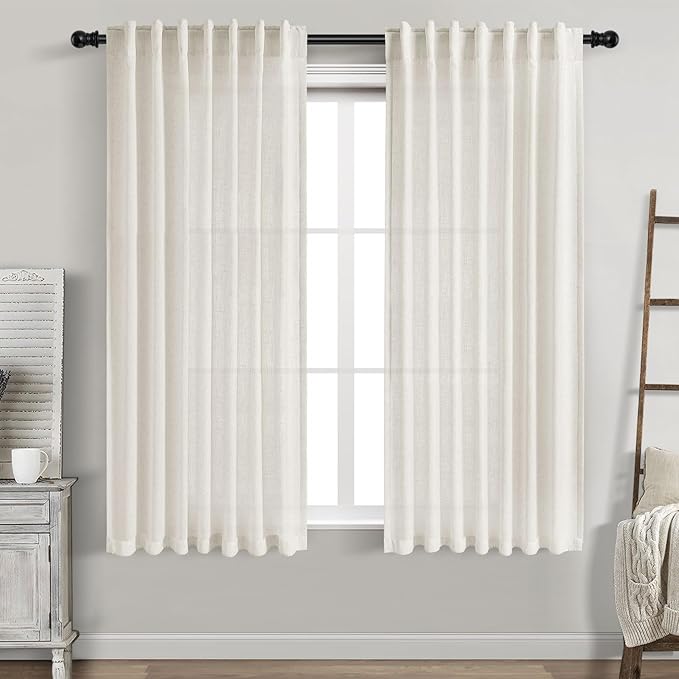 Cream Linen Curtains 67 Inch Length for Living Room 2 Panels Set Neutral Modern Farmhouse Window Curtain Semi Sheer Light Filtering Privacy Back Tab Rod Pocket Drapes for Bedroom Natural Ivory 52x67