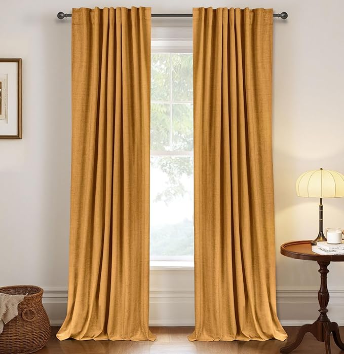 100% Blackout Shield Linen Blackout Curtains for Bedroom 90 Inches Long,Back Tab/Rod Pocket Living Room Drapes,Thermal Insulated Textured Blackout Curtains 2 Panels Set,50" W x 90" L,Mustard Yellow