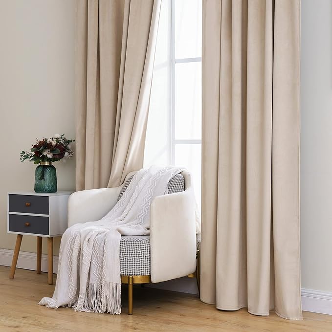 MIULEE Velvet Curtains 63 inch Length 2 Panels - Luxury Blackout Curtains for Bedroom Living Room Thermal Insulated Super Soft Window Drapes Rod Pocket & Back Tab, Camel Beige, W52 x L63 inches