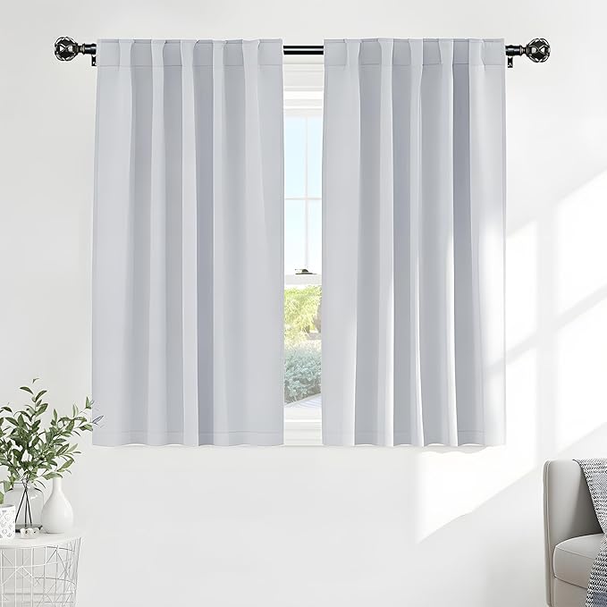 PONY DANCE Blackout Curtains Short - Kitchen Window Draperies Energy Efficient Thermal Insulated Back Tab/Rod Pocket Curtain Panels/Window Treatments for Bathroom, 42 W x 40 L, Greyish White, 2 Pieces