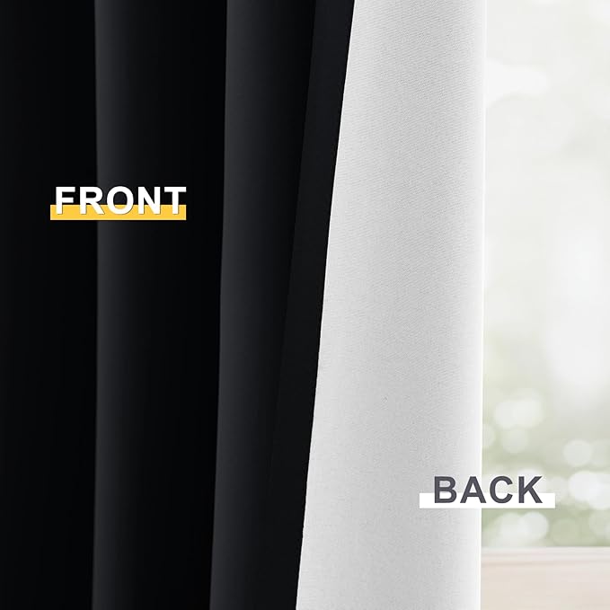 Yakamok 100% Blackout Curtain Panels 63 inches Cold and Light Blocking Drapes for Nursery, 2 Thick Layers Thermal Insulated Draperies (2 Pieces, 50 Wide Each Panel, Black/White Backing)