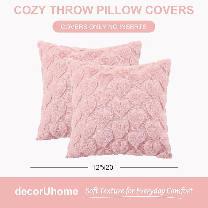 decorUhome Valentine’s Day Soft Plush Throw Pillow Covers 16x16 Inch Set of 2, Faux Fur Pink Heart Decoration Neutral Square Pillow Covers for Couch Sofa Bed Cozy Farmhouse Holiday Decor