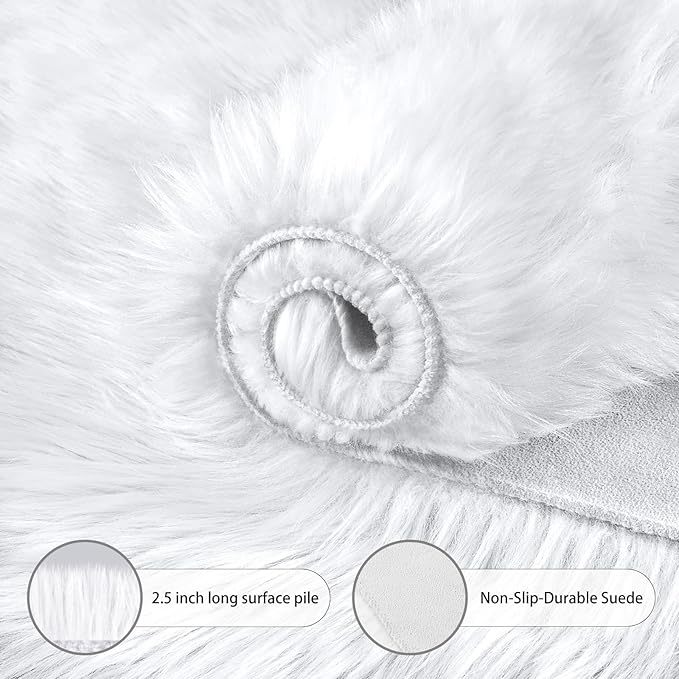 CIICOOL Faux Fur Rug White Fluffy Area Rugs for Bedroom, Thick Fuzzy Shag Rug Furry Bedside Nursery Rug for Living Room Plush Indoor Floor Carpet for Kids Room Teen Dorm, 3x5 ft