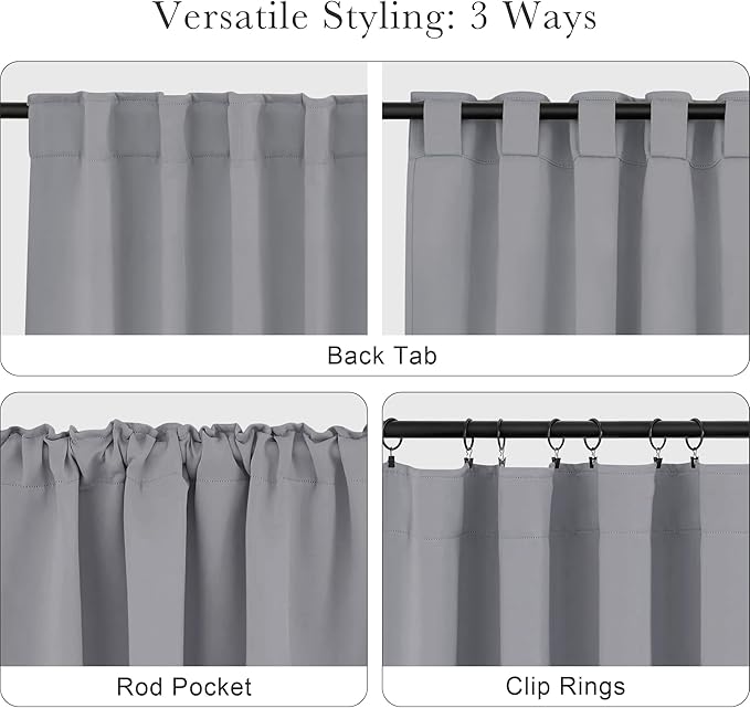 PONY DANCE Window Curtain Panels - Thermal Insulated Draperies Light Block Curtain Drapes with Back Tab Energy Saving for Kitchen, 52 Wide x 54 Inches Long, Silver Grey, 2 PCs
