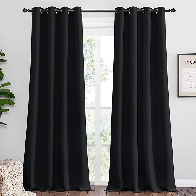 NICETOWN Patio Blackout Curtain Shades, 2 Panels, 55 inches x 118 inches, Black, Summer Home Decoration Thermal Insulated Grommet Blackout Draperies/Drapes for Kitchen