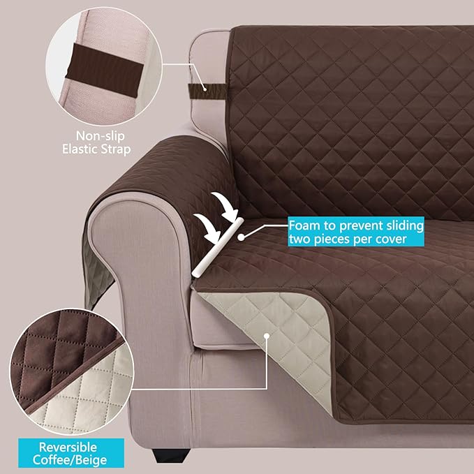 U-NICE HOME Loveseat Sofa Cover Reversible Couch Covers for Dogs Friendly with Elastic Straps Water Resistant Furniture Protector for Couch Cover for 2 Cushion (Loveseat, Coffee/Beige)