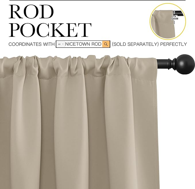 NICETOWN 2 Panels Blackout Curtains, Rod Pocket Thermal Insulated Drapess for Bedroom, Privacy Protection Easy-Care Heavy Duty Curtains for Living Room/Dining Room, W70 x L95 inches, Soft Taupe