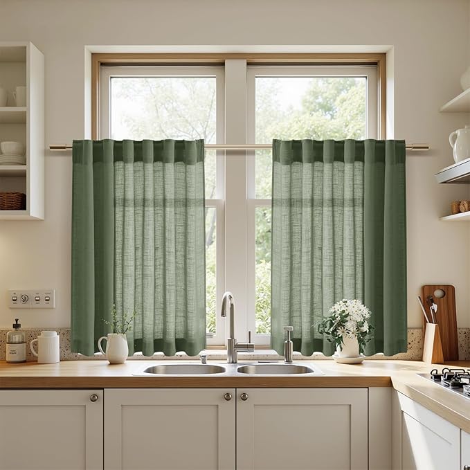 Nanspring Short Linen Cafe Curtains 36 Inch Length for Kitchen Windows Over Sink Olive Green Semi Sheer Curtains Back Tab Rod Pocket Sheer for Cafe Basement Small Windows 36x36 Inches, 2 Panels
