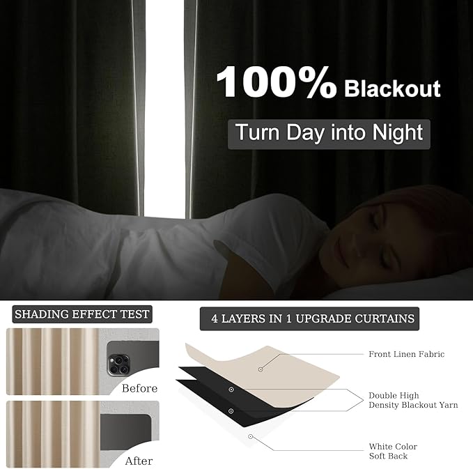 Topfinel 100 Inch Custom Linen Blackout Curtains,Modern Beige Textured Linen Farmhouse Boho Blackout Room Darkening Room Divider Rustic Curtains 2 Panels Set with Rod Pocket Back Tab