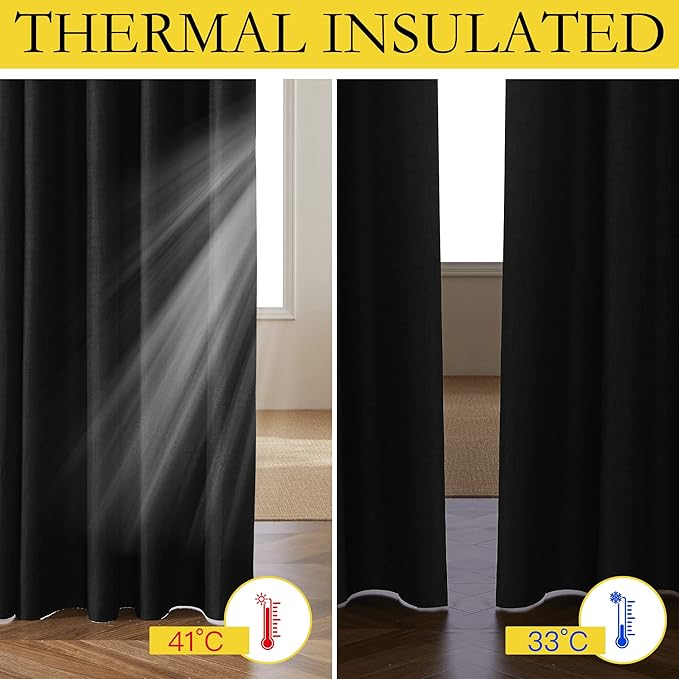 NICETOWN Vintage Open Linen Weave Flax Thermal Curtains, 100% Blackout Curtains 63 inches Long for Dining Room, Soundproof Window Treatment Drapes for Cupboard, Black, 42" Wide Per Panel, Set of 2