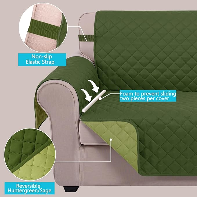 U-NICE HOME Recliner Chair Covers Reversible Chair Cover Pet Covers for Dogs with Elastic Straps Water Resistant Diamond Quilted (23''Armchair, Huntergreen/Sage)