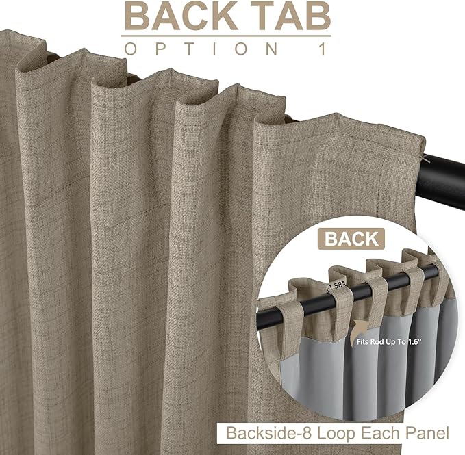 100% Blackout Shield Linen Blackout Curtains for Bedroom 108 Inches Long, Back Tab/Rod Pocket Living Room Drapes, Thermal Insulated Blackout Curtains 2 Panels Set, 50" W x 108" L, Faux Linen