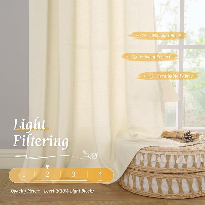 LAMIT 54 Inch Short Window Linen Curtains, Light Beige Soft Thick Light Filtering Panels Rod Pocket Neutral Privacy Faux Linen Drapes for Bedroom/Bathroom/Loft Room, 2 Panels, 42 x 54 Inch