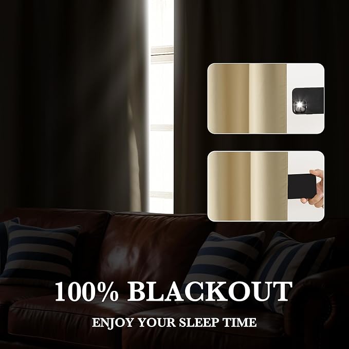 RYB HOME Bedroom Blackout Curtains 63 inches Long, 100% Blackout Thermal Insulated Noise Reducing Curtains for Living Room Nursury, 42 inches Wide by 63 inches Long, Biscotti Beige