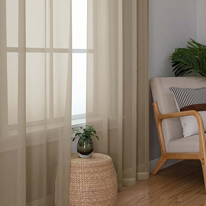Chyhomenyc Taupe Sheer Curtains 108 Inches Long - Light Filtering Voile Extra Long Panel Drapes for Floor to Ceiling Window, Elegant Soft Living Room Curtains, Each 42Wx108L Inch, 9FT, 2 Panels