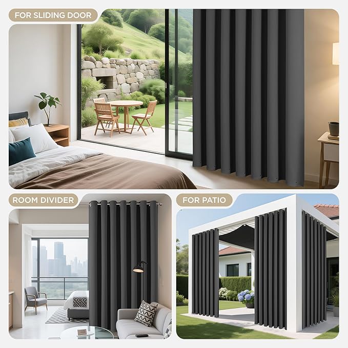 Joydeco Blackout Patio Sliding Door Curtains 96 Inches Long, Grommet Privacy Room Divider Curtains, Extra Wide Thermal Blackout Drapes for Bedroom Living Room (Grey, 80Wx96L, 1 Panel)
