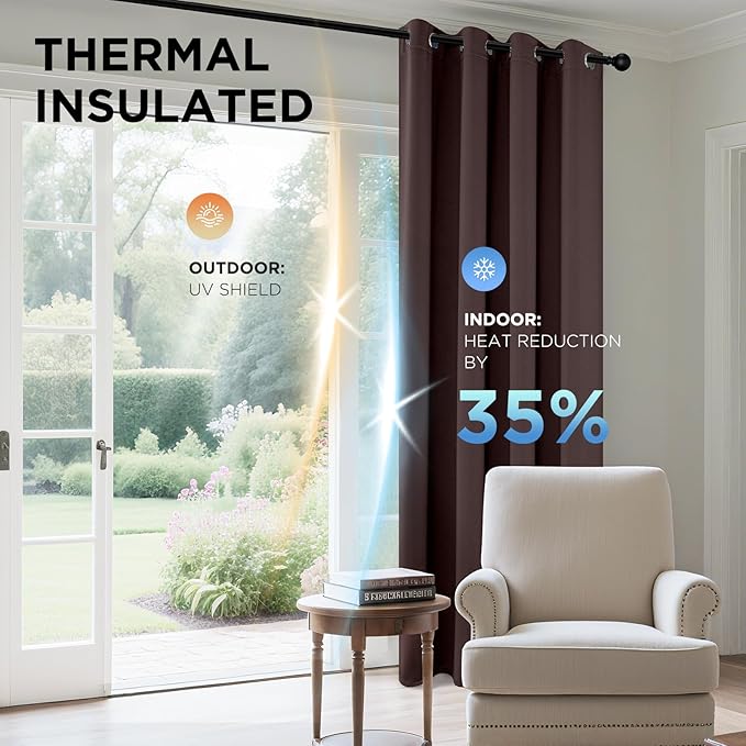 Joydeco Blackout Curtains 72 Inch Length 2 Panels Set, Thermal Insulated Long Curtains& Drapes 2 Burg, Room Darkening Grommet Drapes for Living Room Bedroom Window (W52 x L72 Inch, Chocolate)