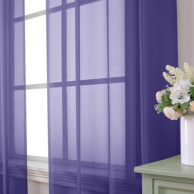 Aiyufeng Purple Sheer Curtains 90 Inches Long 2 Panels Set, Light Filtering Soft Airy Voile Rod Pocket Purple Sheer Window Drapes for Bedroom Living Room, Each 42Wx90L Inches