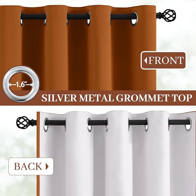 Yakamok Room Darkening 100% Blackout Curtains Grommet Window Treatments with 2 Thick Layers-Burnt Orange Thermal Insulated Drapes Set of 2 Panels for Bedroom Living Room 52 Inches by 96 Inches Length
