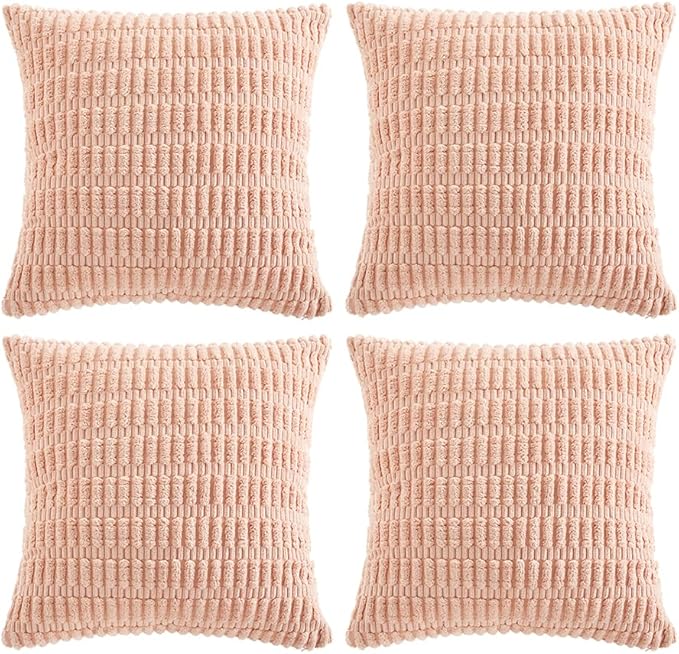Fancy Homi 4 Packs Boho Pink Decorative Throw Pillow Covers 22x22 Inch for Living Room Couch Bed Sofa, Rustic Modern Farmhouse Home Decor, Soft Plush Corduroy Cute Square Cushion Case 55x55 cm