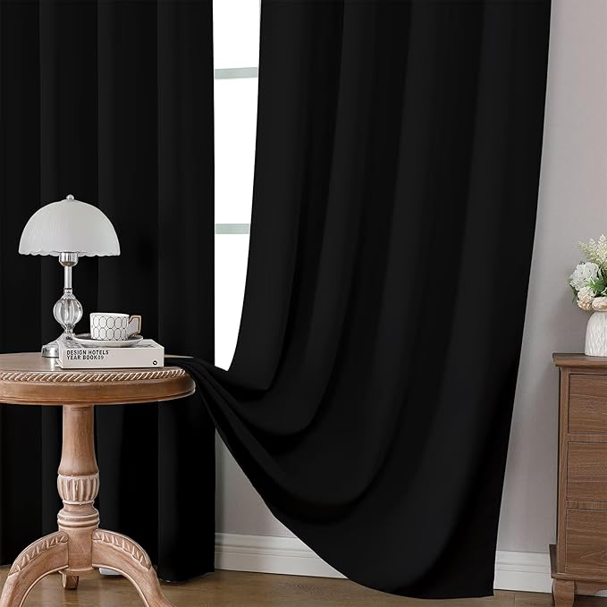 CUCRAF Black Blackout Curtains 90 inch Length 2 Panels Set, Rod Pocket Room Darkening Drapes for Bedroom Living Room, Insulated Thermal Light Blocking Window Curtain (W52 x L90 Inch)