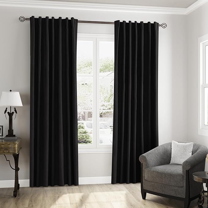 Guken Black 100% Blackout Curtains 96 Inch Length 2 Panels Set for Living Room Bedroom Back Tab Thermal Insulated Black Out Linen Drapes Room Darkening Window Curtains 96 Inches Long